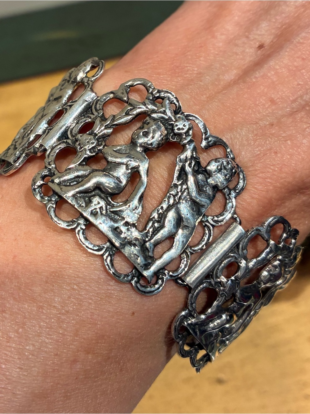 Vintage Cherub Angel Panel Link Bracelet Sterling Silver